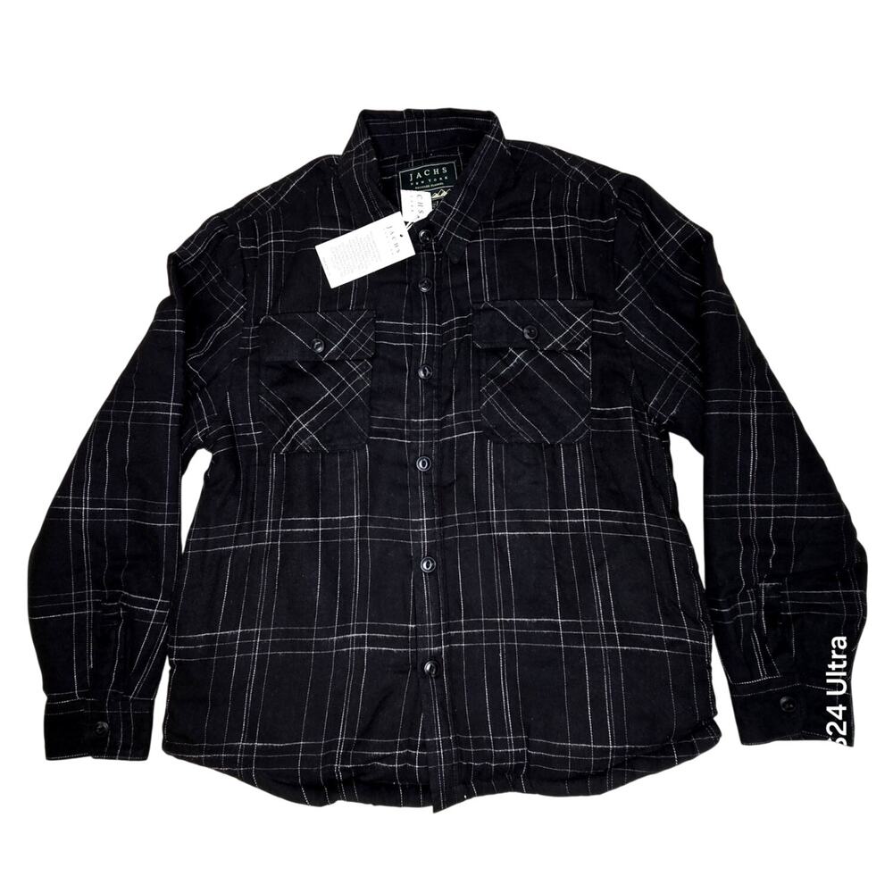 Jachs New York Black Plaid Flannel Shirt Jacket Sherpa Lining Insulated Men's L